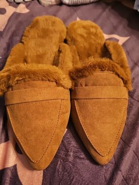 BAMBOO Faux Fur Lined Pointed Mules - Brown